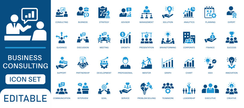 Business consulting icon set. featuring corporate strategy, expert advisory, solution, financial analytics, teamwork, leadership, management and planning in a blue flat design.