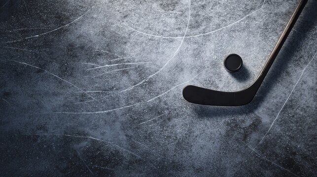 Hockey stick and puck on ice surface.