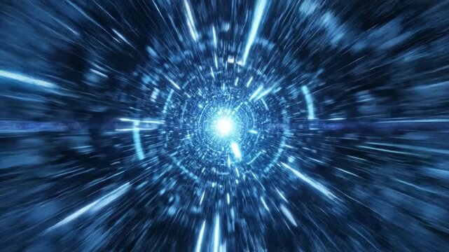 Futuristic warp speed motion through a glowing blue digital tunnel with neon light streaks