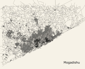 Fototapeta premium High-contrast, minimalist urban road map of Mogadishu, capturing the intricate street grid, sprawling neighborhoods, and coastal orientation of Somalia's capital.