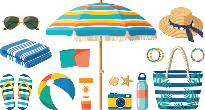 Summer beach vacation essentials vector illustration set featuring umbrella tote bag flip flops towel sunglasses and sunscreen for seasonal travel marketing designs