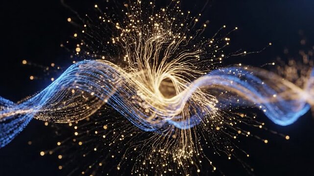 Glowing blue and gold particle strands flowing in a wave pattern with a dynamic light explosion