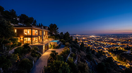 Fototapeta premium Hilltop Modern Villa at Night Overlooking Glittering City