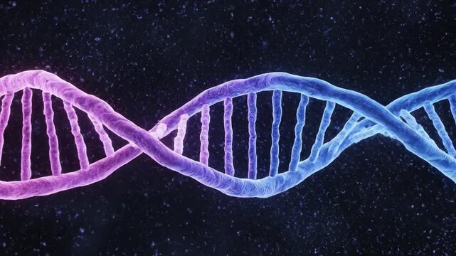 Glowing blue and pink DNA strands twisting and merging into a single double helix