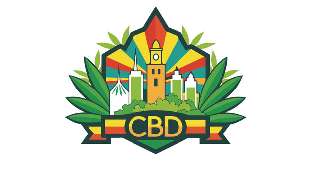 Colorful urban badge design with cbd text and skyline