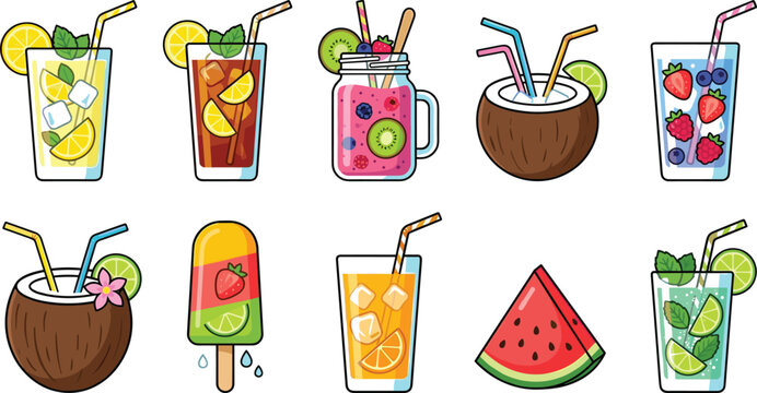 Summer cold drinks and tropical cocktails cartoon vector icon set featuring lemonade mojito smoothie coconut water and watermelon for restaurant menu design