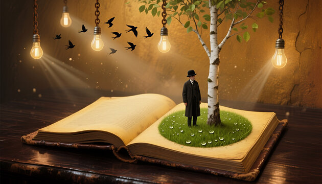 Man standing on grass in open book with tree and floating lights  