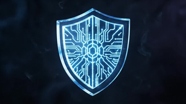 Glowing blue digital shield with circuit patterns forming from dark swirling smoke for cyber security