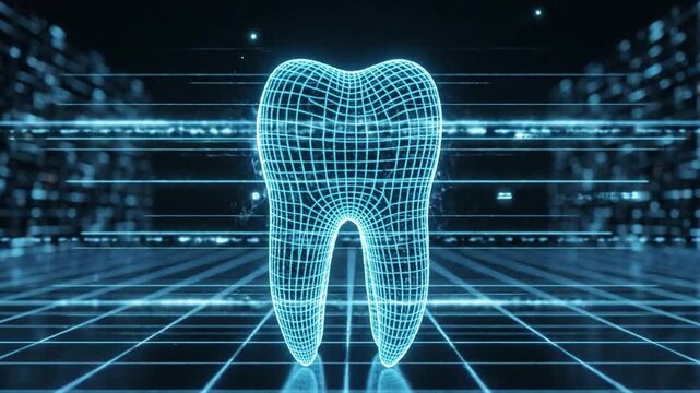 Glowing blue hologram of a tooth wireframe on a digital grid for dental care technology concept