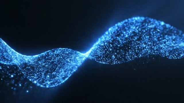 Glowing blue particles flowing in a wavy digital line against a dark background