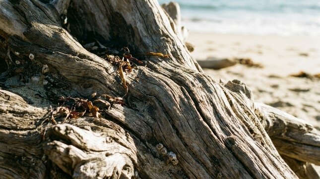 Close up of weathered driftwood texture on sandy beach with ocean background