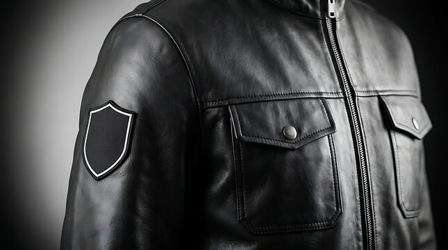 Close up of a premium black leather jacket with a blank shield patch on the sleeve