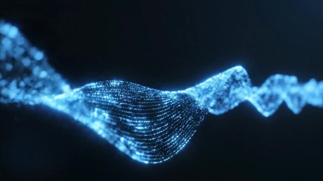 Glowing blue particles forming a wavy digital line moving across a dark background