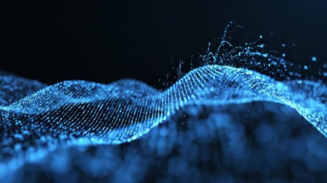 Glowing blue particles forming a wavy digital line moving in a futuristic space