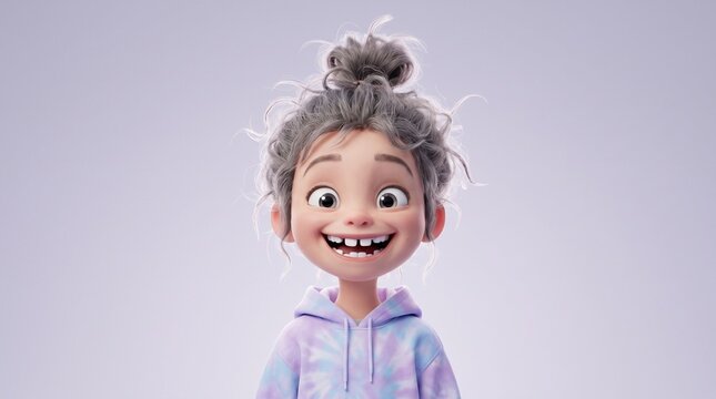 Cute 3D cartoon girl with messy bun hair and gap-toothed smile wearing tie-dye hoodie illustration
