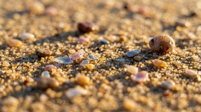 Close up of seashells and pebbles on sandy beach with golden sunrise light