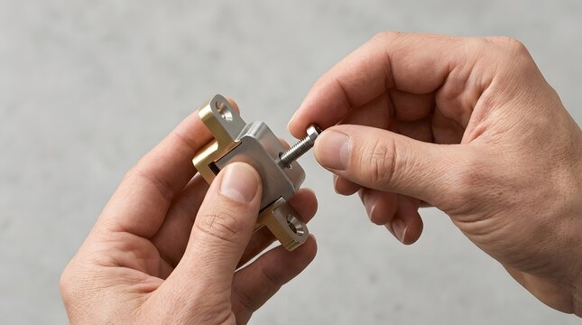 A close up view of hands assembling a small metal mechanical device.