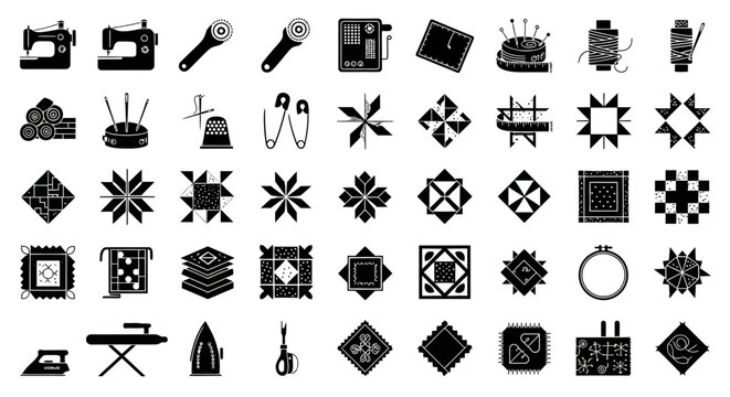 Sewing and quilting equipment icon collection in black silhouette