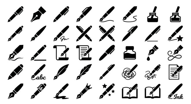 Fountain pen and ink writing tool icon set for calligraphy