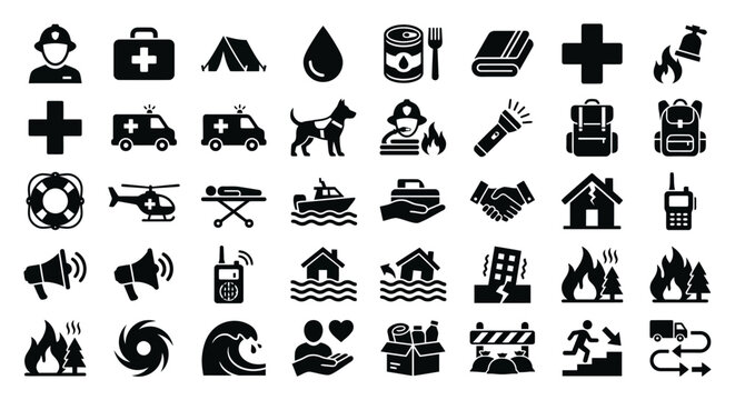 Emergency management and disaster relief icon set for safety planning