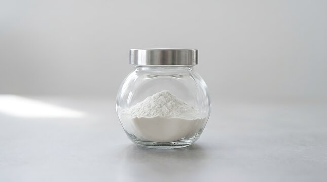 Clear Glass Jar with White Powder and Silver Lid, Isolated on a Light Studio Background