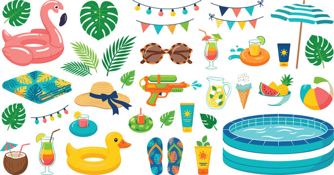 Summer pool party elements and vacation icons set featuring flamingo float umbrella swimming pool sunglasses and tropical leaves for seasonal advertising marketing