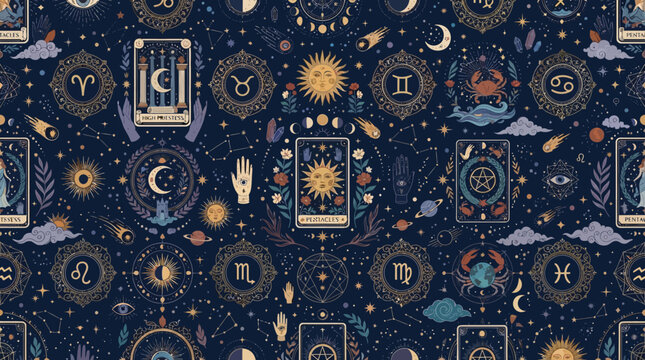 Flat vector mystical celestial pattern, tarot-inspired ornaments, zodiac icons and cosmic decorative elements

