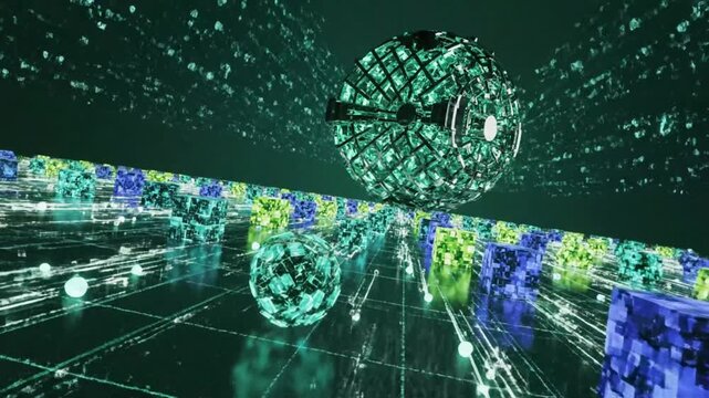 Futuristic abstract digital world with reflective objects, data streams and a digital satellite floating over a grid of cubes