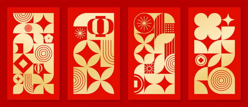 Happy Chinese New Year abstract vector greeting card templates set. Red and gold lunar holiday posters with fan shapes, geometric ornaments, scallop patterns and decorative backgrounds