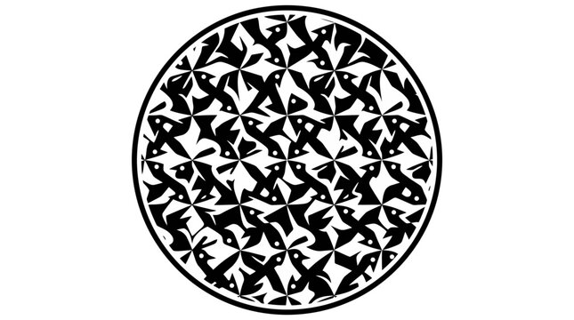 Escher-style tessellation pattern of fish within a circle