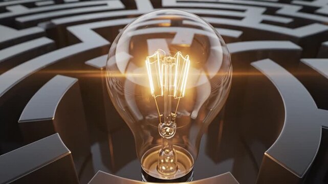 Glowing light bulb stands at the center of a complex maze symbolizing innovation and breakthroughs