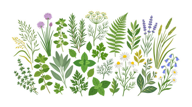 Culinary Herbs and Wildflowers Collection - Botanical Flat Vector Illustration