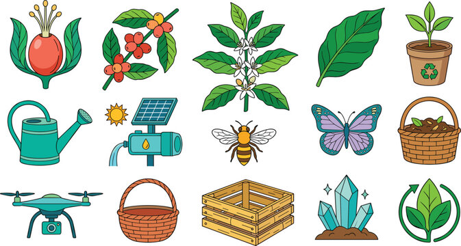 Sustainable coffee farming and eco agriculture icon set featuring coffee plant solar pump drone crystal and bee vector illustrations for agribusiness marketing