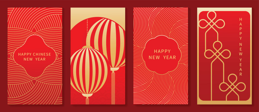 Happy Chinese New Year Year of the Goat vector greeting card templates set. Red gold and pink lunar holiday posters with zodiac goat, lantern, geometric shapes and floral frame ornaments