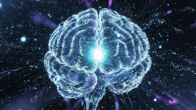 Glowing neural network forming a human brain representing digital consciousness and artificial intelligence