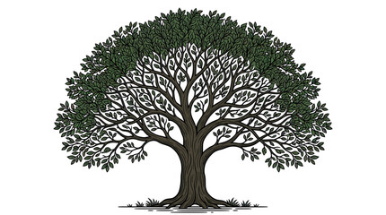Stylized Tree Illustration with Detailed Branches and Green Foliage © Hidan