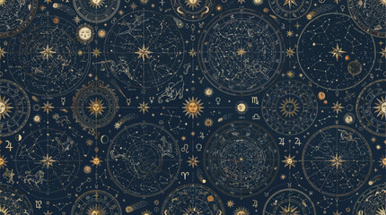 Flat vector vintage astrology seamless pattern, antique celestial maps, constellation graphics and ornamental stars   © Maftuh