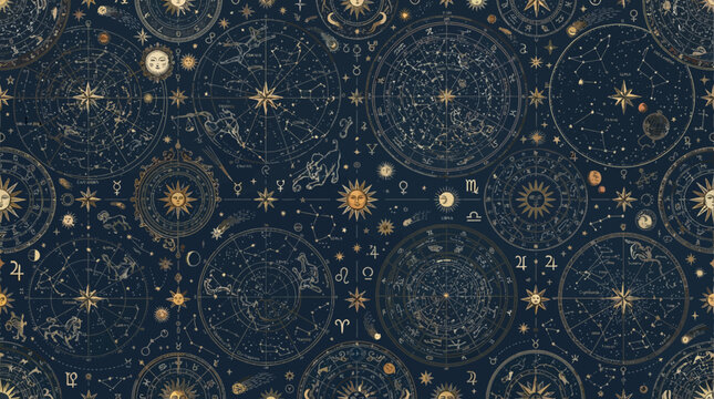 Flat vector vintage astrology seamless pattern, antique celestial maps, constellation graphics and ornamental stars

