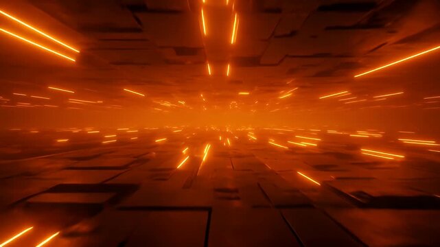 Abstract digital tunnel with glowing orange light lines creating a futuristic and energetic pathway.