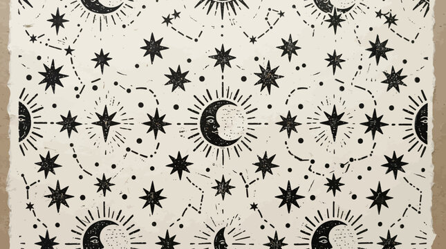 Flat vector linocut celestial pattern, high contrast black and white block print, hand-carved texture, rustic stars and moon motifs, traditional printmaking aesthetic

