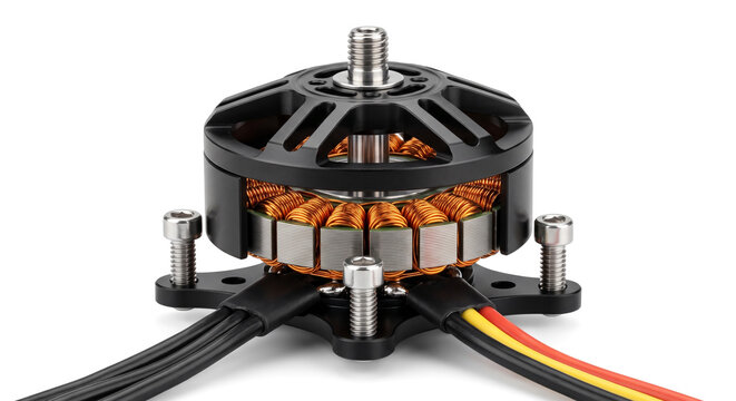 Electric brushless motor for drone featuring copper windings and aluminum frame on white background.