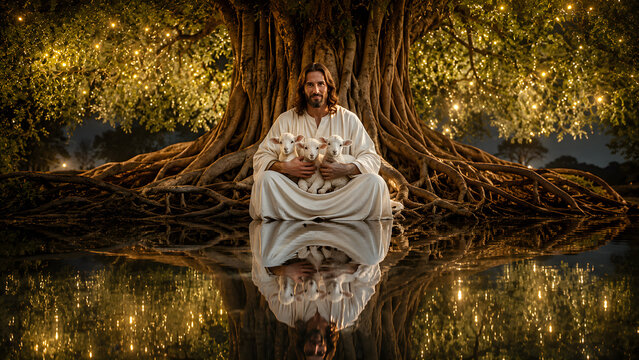 Jesus Christ sitting on banyan tree roots holding lambs mirror reflection