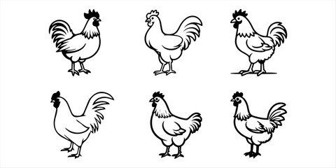 Collection of cute farm poultry stickers featuring roosters, hens, and hatching chicks in both black silhouette and colorful flat vector cartoon styles. Collection of Black Chicken Silhouettes  © Arman