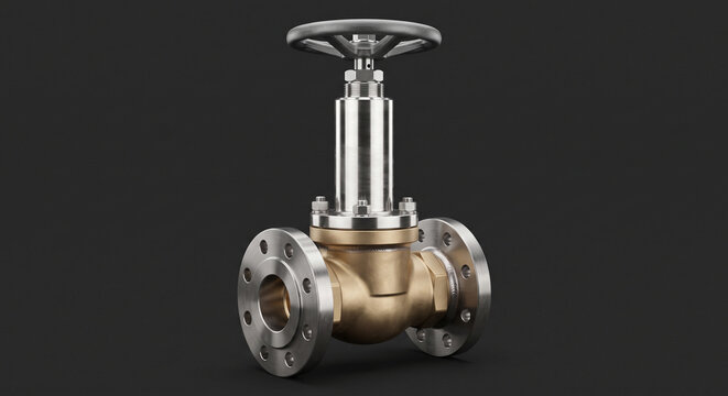Industrial globe valve with wheel handle and flange connections made of brass and steel.