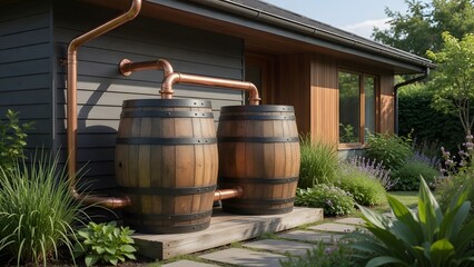 Obraz premium Rustic wooden barrels with spouts stand beside a traditional building, evoking vintage charm and craftsmanship in a serene outdoor setting.