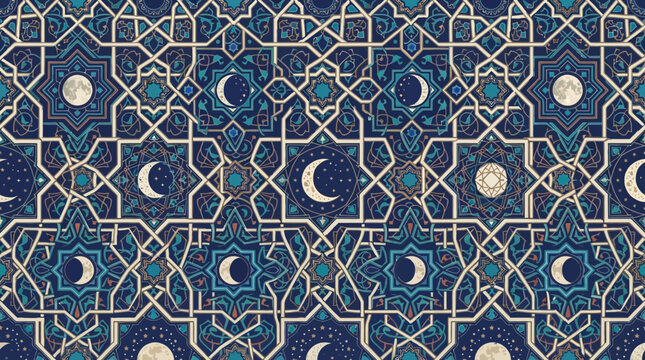 Flat vector Islamic Geometric celestial pattern, intricate tessellated stars and moon phases, complex interlacing lines, traditional architectural cosmic aesthetic

