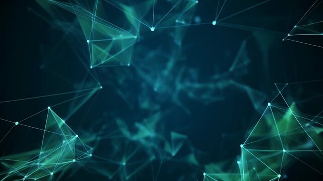 Abstract digital network of glowing teal lines and dots on a dark background with smoky green elements, representing data flow.