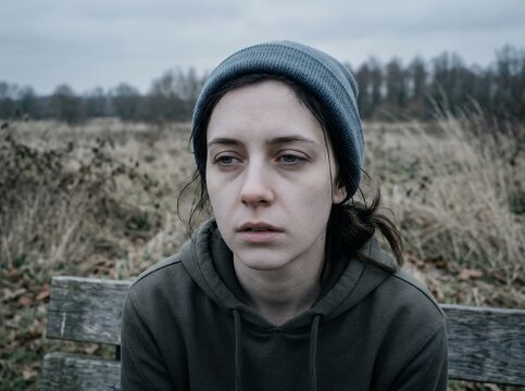 Young Woman Looking Sad and Tired Outdoors.