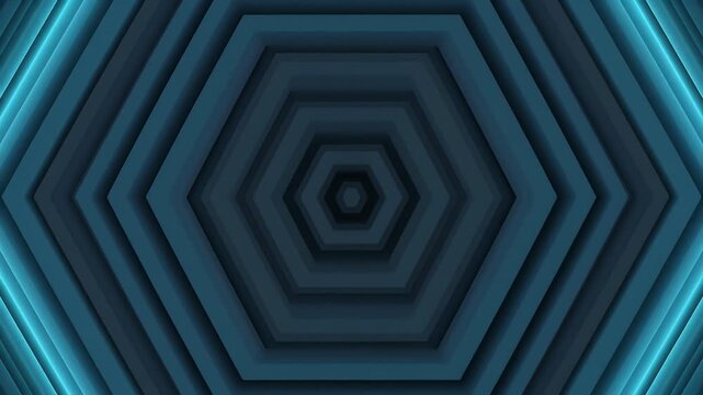 Abstract geometric background with repeating blue and teal hexagons creating a tunnel effect and sense of depth.