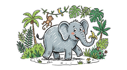 Cute cartoon elephant walking in jungle with monkey and banana © Hidan